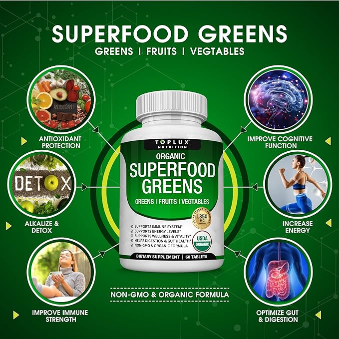 Organic Super Greens Capsules Superfood Fruit Veggie Supplement - 28 Powerful Natural Ingredients with Alfalfa, Beet Root, Tart Cherry & Ginger for Immune & Energy Support, for Men Women, 60 Tablets