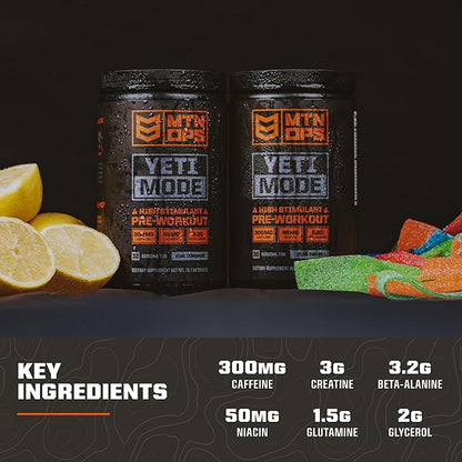 MTN OPS Yeti Mode Pre-Workout Powder - Explosive High-Stimulant with 300mg Caffeine, Creatine Monohydrate, Beta-Alanine, and 45mg Niacin - Pink Lemonade Flavor in 30 Serving Tub
