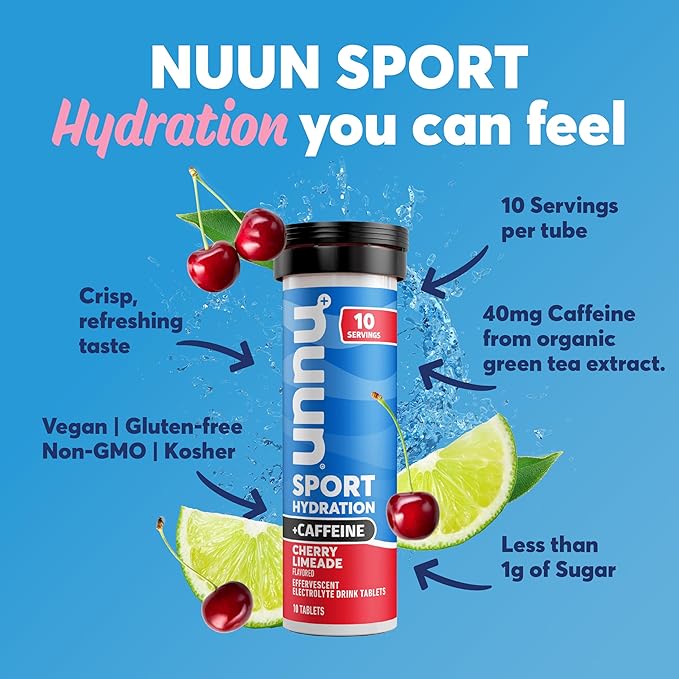 Nuun Sport + Caffeine Electrolyte Tablets - Dissolvable in Water, Cherry Limeade Flavor, 5 Essential Electrolytes for Hydration, 1g Sugar Drink Mix, Vegan, Non-GMO, 8 Pack (80 Total Servings)