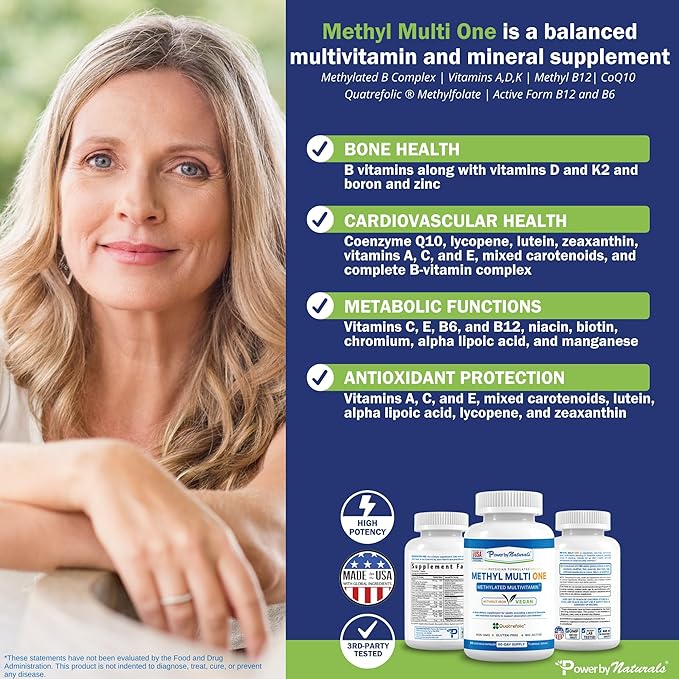 Power By Naturals Methyl Multi One - Methylated Multivitamin with Methylfolate & Methyl B12 for MTHFR Maintenance, 120 Capsules, 4 Month Supply, Made in USA (Packaging May Vary)
