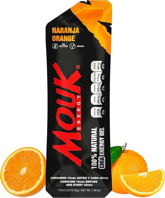MOUK Energy Workout & Sports Nutrition Energy Gel - Orange Flavor All Natural with Whole Chia Seeds | Easy Digestion, Vegan, Gluten Free, Essential Electrolyte | 1.38 Ounce (Pack of 10)
