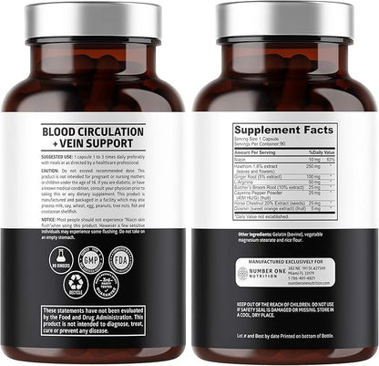 Number One Nutrition Premium Blood Circulation Supplement for Women and Men [8 Powerful Herbs & Vitamins] All Natural Blood Flow Supplement with Hawthorn, Butchers Broom and Cayenne Pepper, 90 Caps