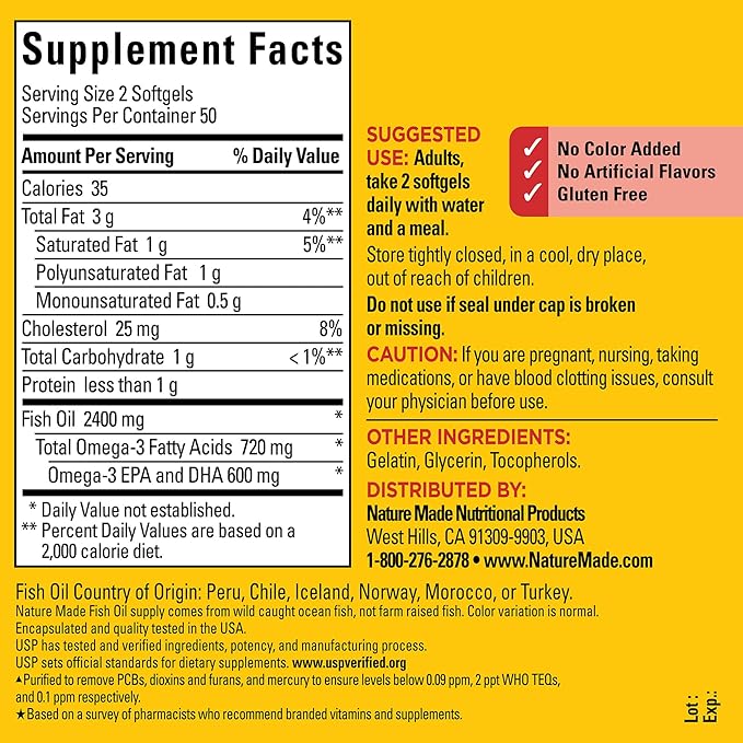 Nature Made Fish Oil 1200 mg Softgels, Fish Oil Supplements, Omega 3 Fish Oil for Healthy Heart Support, Omega 3 Supplement with 100 Softgels, 50 Day Supply