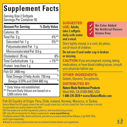 Nature Made Fish Oil 1200 mg Softgels, Fish Oil Supplements, Omega 3 Fish Oil for Healthy Heart Support, Omega 3 Supplement with 100 Softgels, 50 Day Supply