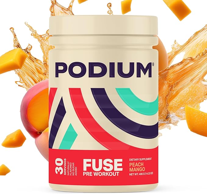 Podium Nutrition, Fuse Pre Workout Powder, Peach Mango, 30 Servings, Beta Alanine and Caffeine for Energy, Gluten Free, Soy Free, Dairy Free