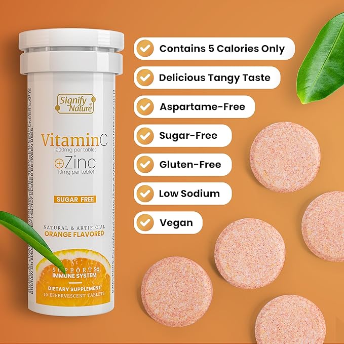SIGNIFY NATURE Vitamin C 1000mg Effervescent Tablets - Potent Immune Support VIT C with Zinc Supplement - Sugar-Free & Vegan Formula | Dissolvable Vitamin C Tablets - Water Soluble Fizzy Elixir - 40CT