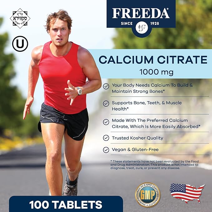 Freeda Calcium Citrate - Kosher Vegan Calcium Supplement for Women & Men - Bone Health & Joint Support - Calcium 1000mg per Serving - Calcium Citrate 1000mg Tablets Calcium Without Vitamin D (250 Ct)