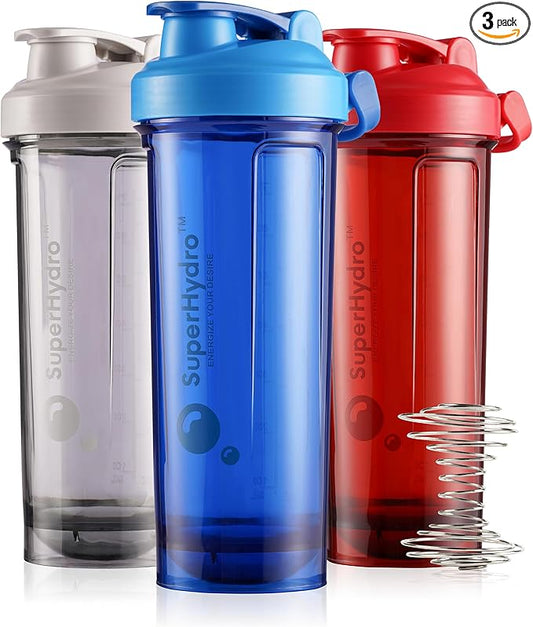 Super Hydro Protein Shaker Bottle [3 PACK] - 28 Oz. BPA-Free, Dishwasher Safe Shakers For Protein Powder Mixes, Pre-workout Cup for Gym, Office, Travel (Ocean, Cranberry, Cloud)