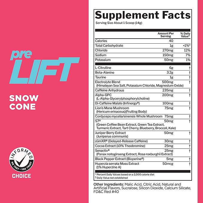 Rule 1 preLIFT Pre-Workout, Snow Cone - 30 Servings, 6g Citrulline, 3.2g Beta Alanine, 3 Caffeine Sources + 20 Others for Energy, Alertness, & Endurance (30 Servings, Snow Cone)