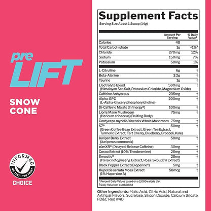 Rule 1 preLIFT Pre-Workout, Snow Cone - 30 Servings, 6g Citrulline, 3.2g Beta Alanine, 3 Caffeine Sources + 20 Others for Energy, Alertness, & Endurance (30 Servings, Snow Cone)