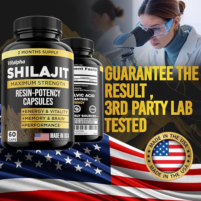 Resin-Potency Shilajit Capsules (50% Fulvic Acid) - 500mg Max Potency Extract - Organic & Pure Himalayan Shilajit - Made in USA - 85+ Trace Minerals - Monthly Supply - 60 Count
