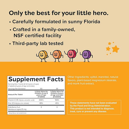 Renzo's Invincible Vitamin C for Kids with Elderberry & Zinc - Dissolvable Kids Vitamins for Immune Support - 60 Orange-Flavored Melty Tabs