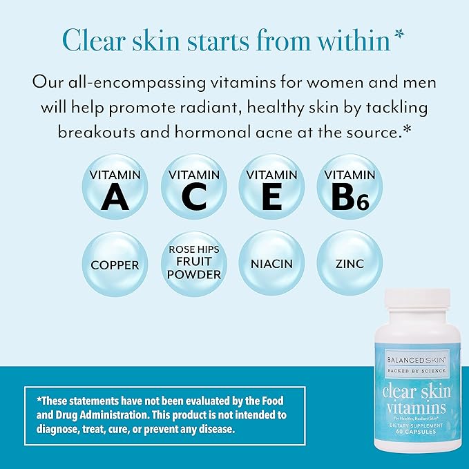 Clear Skin Vitamins for Women & Men - Supplement for Healthy Glowing Skin and Acne Control* - Patented and Dermatologist Developed Hormonal & Cystic Acne Pills