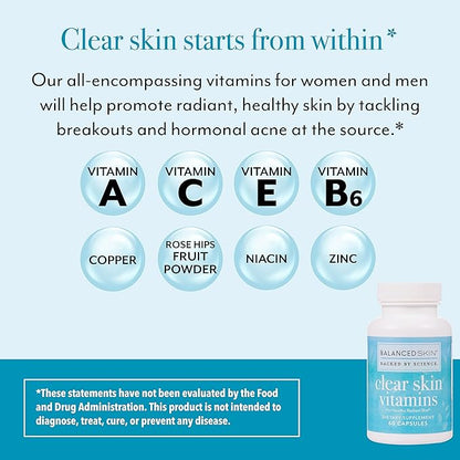 Clear Skin Vitamins for Women & Men - Supplement for Healthy Glowing Skin and Acne Control* - Patented and Dermatologist Developed Hormonal & Cystic Acne Pills