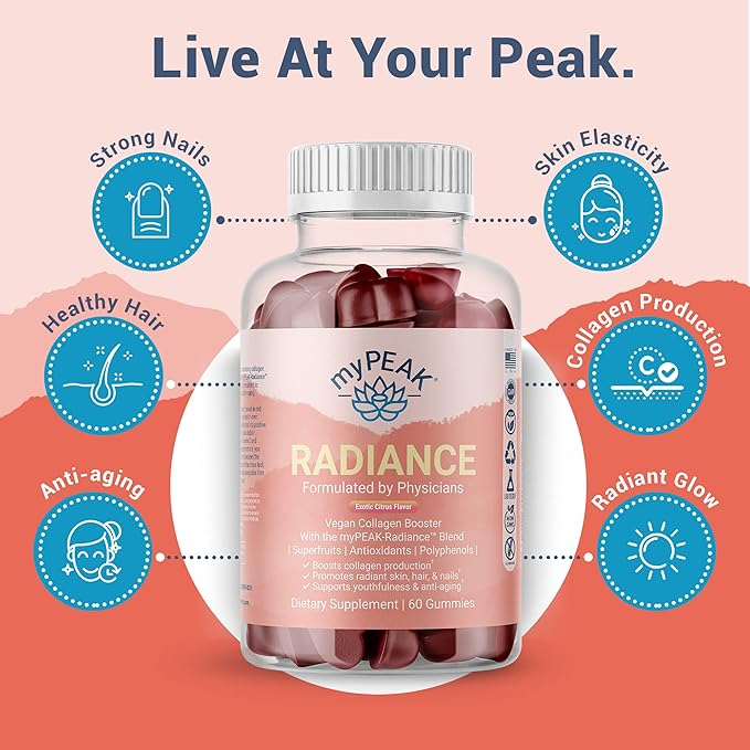 Radiance Vegan Collagen Booster and Superfruit Gummies, Collagen Supplements with Superfruits and Skin-Enhancing Nutrients, Hair Skin and Nails Vitamins for Beauty, 60 Gummies