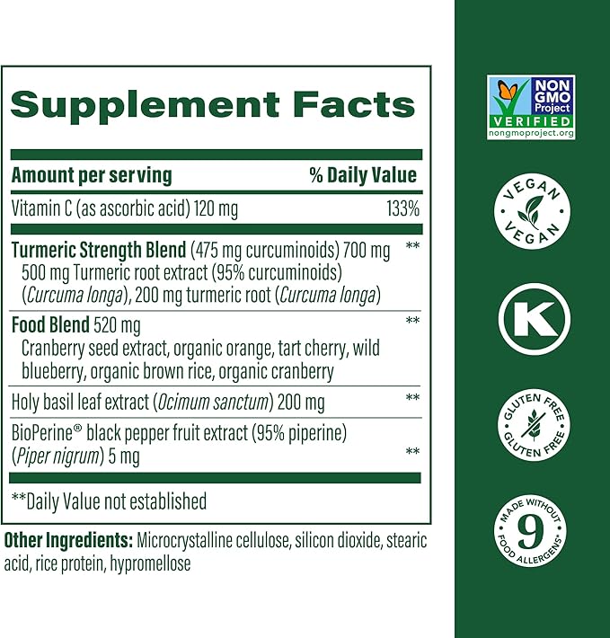 MegaFood Turmeric Curcumin Extra Strength - Whole Body - Turmeric Curcumin with Black Pepper- 475mg Curcuminoids - Holy Basil, Tart Cherry - Made Without 9 Food Allergens - 60 Tabs (30 Servings)