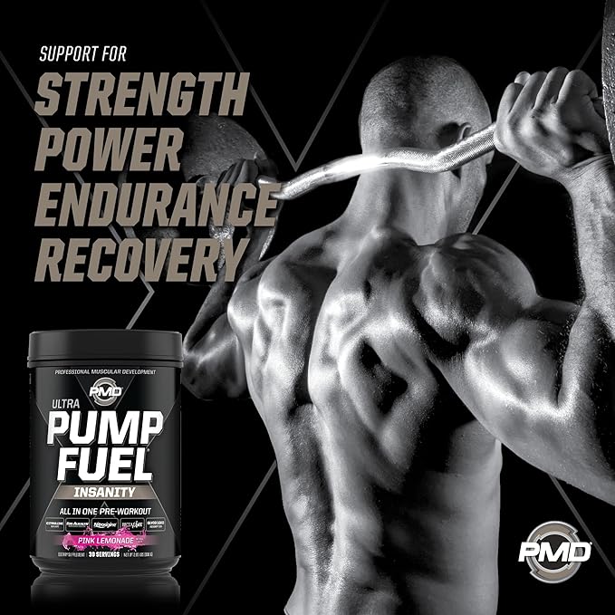 PMD Sports Ultra Pump Fuel Insanity - Pre Workout Drink Mix for Energy, Strength, Endurance, Recovery - Complex Carbohydrates and Amino Energy - Electric Pink Lemonade (30 Servings)