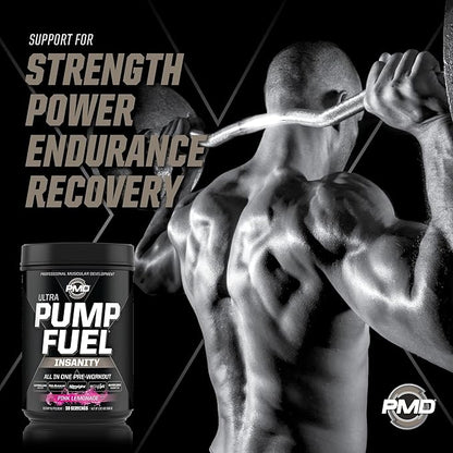 PMD Sports Ultra Pump Fuel Insanity - Pre Workout Drink Mix for Energy, Strength, Endurance, Recovery - Complex Carbohydrates and Amino Energy - Electric Pink Lemonade (30 Servings)