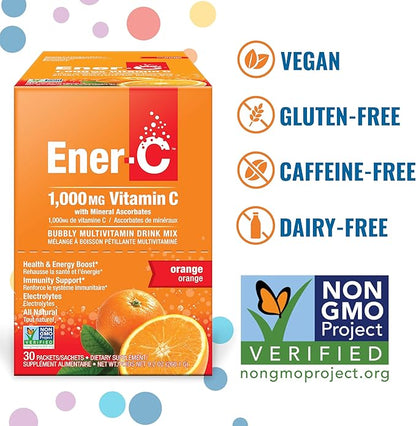 Ener-C Orange Multivitamin Drink Mix Powder Vitamin C 1000mg & Electrolytes with Real Fruit Juice Natural Energy & Immune Support for Women & Men - Non-GMO Vegan & Gluten Free - 60 Count