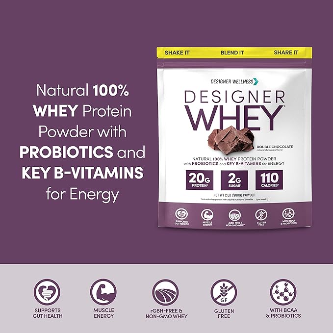 Designer Wellness, Designer Whey, Natural Whey Protein Powder with Probiotics, Fiber, and Key B-Vitamins for Energy, Gluten-Free & Kosher, Double Chocolate, 2 lb