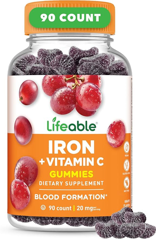 Lifeable Iron Gummies | 20mg | with Vitamin C | Great Tasting Blood Builder Iron Supplement | Iron with Vitamin C for Iron Deficiency | Iron Gummies for Women, Men, Adults | 90 Gummies