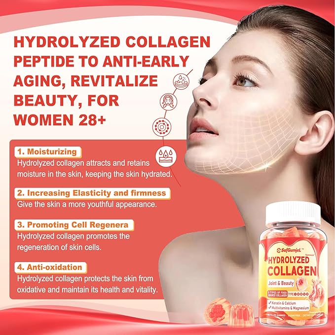 Sugar Free Hydrolyzed Collagen Peptides Gummies for Women, Multi Hydrolyzed Collagen Type I II III V X Supplement w/Keratin Calcium Magnesium for Hair, Skin & Nails, Healthy Joints, Anti-Aging, 60cts