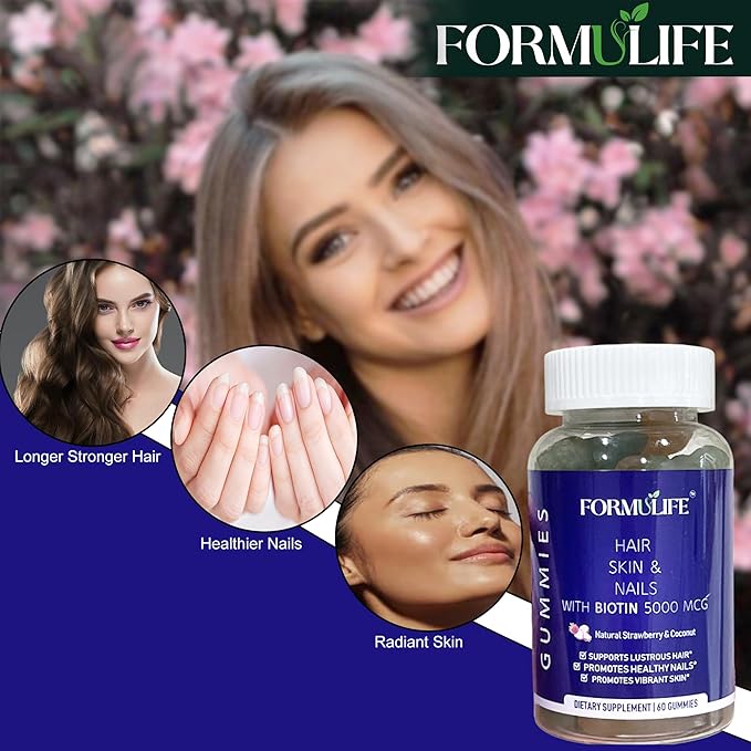 Hair Skin and Nails Gummies 60 Count - Supports Healthy Hair, Nails - Biotin 5000MCG, Vitamins for Men & Women, Stronger Nails, Healthy Skin, Hair Growth, Vegan, High Potency