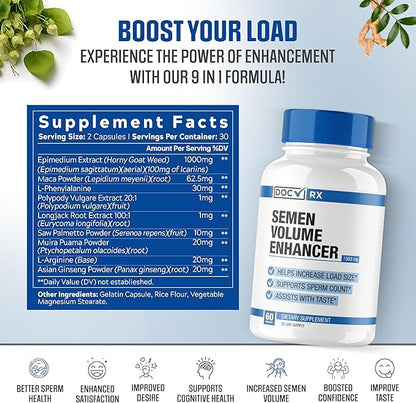 Doc Certified | Effective Semen Volume Booster for Load Boost | Volumizer For Thicker Load, Better Sensation, Count & Taste | 9 Powerful Ingredients | 3rd Party Tested + USA Made - 60 Capsules