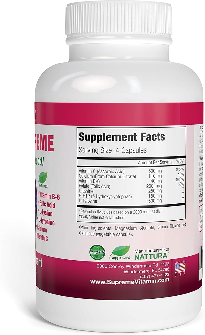 Nattura 5-HTP Supreme - for Positive Mood, Relaxation and Appetite Control - with 5-HTP, L-Tyrosine, L-Lysine, Vitamin B6, Folate (Folic Acid), Vitamin C (Ascorbic Acid), Calcium - 90 Capsules