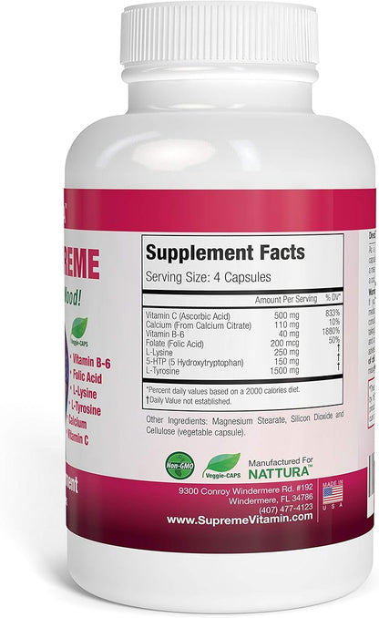 Nattura 5-HTP Supreme - for Positive Mood, Relaxation and Appetite Control - with 5-HTP, L-Tyrosine, L-Lysine, Vitamin B6, Folate (Folic Acid), Vitamin C (Ascorbic Acid), Calcium - 90 Capsules