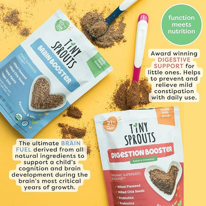 Organic Digestion Booster (Apple & Cinnamon) & Brain Booster - Milled Chia Seed, Milled Flaxseed and Hemp Hearts with Vitamin D, DHA, Probiotics for 6M+ Babies Toddlers & Kids (7oz x 2 Pack)