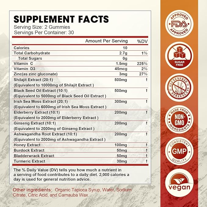 Shilajit Resin Gummies, Shilajit Irish Sea Moss Supplement with Black Seed Oil, Ashwagandha Ginger, Panax Ginseng, Shilajit Gummies with 85+ Trace Minerals & Fulvic Acid for Energy, Immune Support