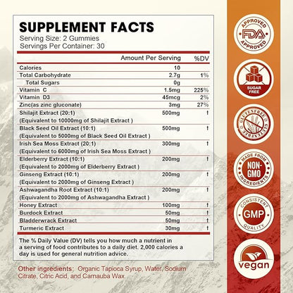 Shilajit Resin Gummies, Shilajit Irish Sea Moss Supplement with Black Seed Oil, Ashwagandha Ginger, Panax Ginseng, Shilajit Gummies with 85+ Trace Minerals & Fulvic Acid for Energy, Immune Support