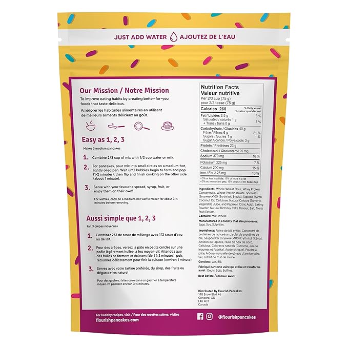 Flourish - Protein Pancake & Waffle Mix, Whey Protein Isolate & Flax Seed, Non-GMO, No Added Sugar, Superfood, High Protein & Fiber, Just Add Water - Birthday Cake, 16oz