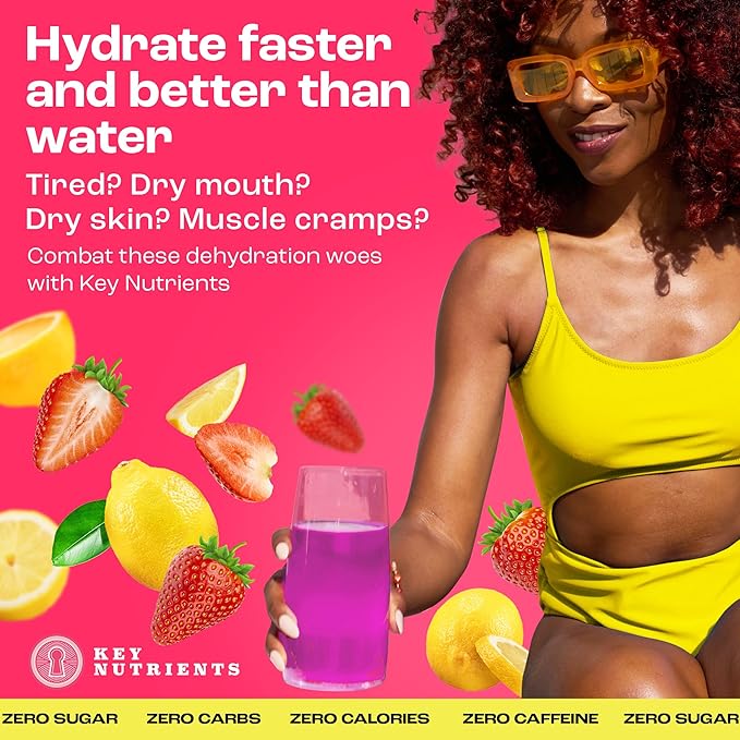 KEY NUTRIENTS Electrolytes Powder No Sugar - Juicy Strawberry Lemonade Electrolyte Powder - Hydration Powder - No Calories, Gluten Free Keto Electrolytes Powder - 90 Servings - Made in USA