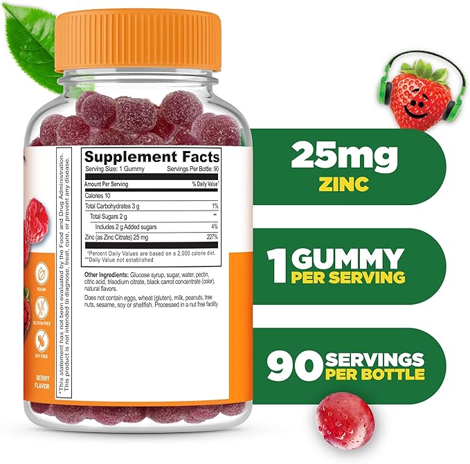 Lifeable Zinc for Kids | 25mg | Great Tasting Natural Flavored Zinc Gummies | Gluten Free Vegetarian Non GMO Zinc Supplements | Kids Zinc for Immune Support | 90 Gummies