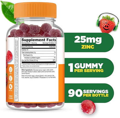 Lifeable Zinc for Kids | 25mg | Great Tasting Natural Flavored Zinc Gummies | Gluten Free Vegetarian Non GMO Zinc Supplements | Kids Zinc for Immune Support | 90 Gummies