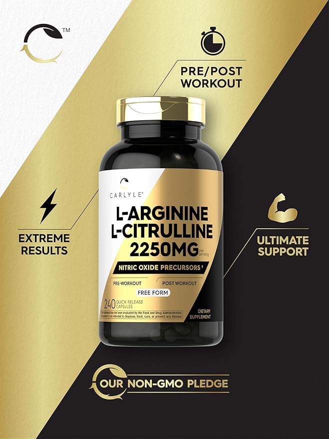 Carlyle L-Arginine L-Citrulline Supplement | 2250mg | 240 Capsules | Nitric Oxide Precursors | Free Form | Non-GMO & Gluten Free