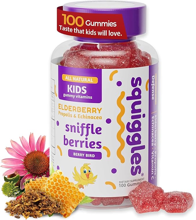 Squiggles Sniffle Berries Elderberry Gummies with Bee Propolis & Echinacea, Kids Defense Gummies, Kids Vitamins for Immune Support, Tasty Chewy Toddler Gummy Vitamin, 100 Gummies