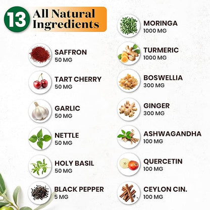 Turmeric Moringa Supplement | Ginger, Boswellia, Saffron, Holy Basil- Joint Support Supplement for Women and Men with Ceylon Cinnamon, Quercetin, Tart Cherry- 240 Count