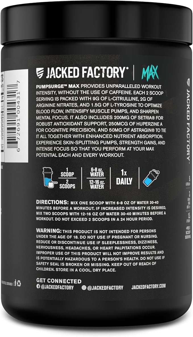 Jacked Factory Pumpsurge Max Stim Free Pre Workout - High-Performance Caffeine Free Pre Workout with L-Citrulline, N03-T Arginine Nitrate & Glutathione - 40 Servings, Blue Raspberry