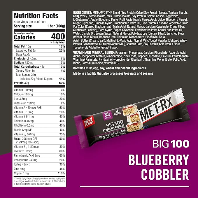 MET-Rx Big 100 Colossal Protein Bars, Blueberry Cobbler, Meal Replacement Bars, 4 Count