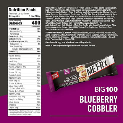 MET-Rx Big 100 Colossal Protein Bars, Blueberry Cobbler, Meal Replacement Bars, 4 Count
