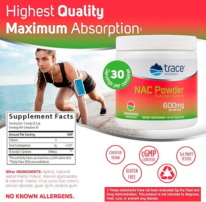Trace Minerals | NAC Powder with N-Acetyl L-Cysteine Amino Acids | 600 mg to Support Immune System and Normally Functioning Liver and Kidneys | Natural Watermelon Flavor | 30 Servings, 2.6 oz jar