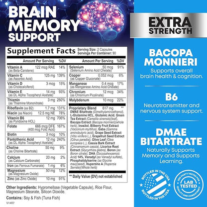Nootropic Brain Supplements for Memory and Focus - 40 Nootropics & Vitamins to Support Clarity & Concentration, Brain Health Memory Pills with Phosphatidylserine Bacopa Huperzine & DMAE - 180 Capsules