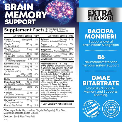 Nootropic Brain Supplements for Memory and Focus - 40 Nootropics & Vitamins to Support Clarity & Concentration, Brain Health Memory Pills with Phosphatidylserine Bacopa Huperzine & DMAE - 180 Capsules