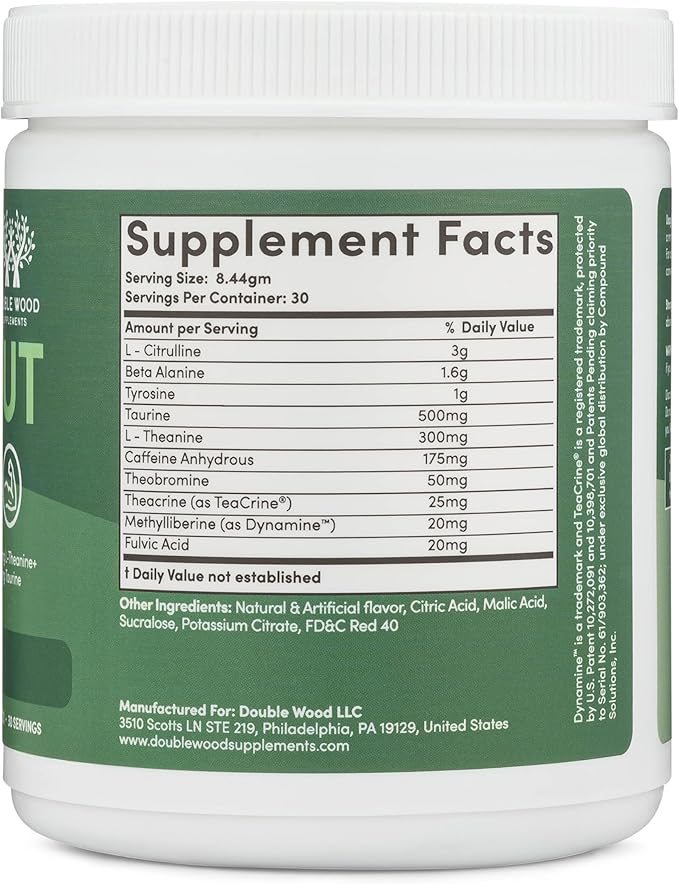 Pre Workout Powder for Men & Women (30 Servings of Caffeine, Beta Alanine, L-Citrulline, Dynamine, L-Theanine, Taurine, Theacrine, & More) Preworkout Powder with Scoop by Double Wood (Fruit Punch)