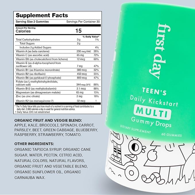 FIRST DAY Multivitamin Gummies Bundle for Kids & Teens – Vitamins A, B, C, D & K + Folate, Magnesium, & Zinc – Made w/Organic Fruits & Veggies, Only 2g Sugar – 2-Pk, 30 Day Supply Each