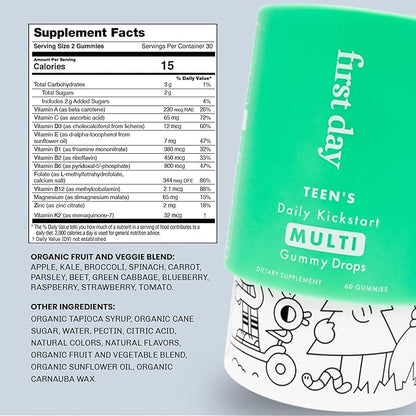 FIRST DAY Teens Daily Kickstart Multivitamin Gummies for Ages 14+ – Vitamins A, B1, B2, B6, E, B12, C, D3 & K2 + Zinc & Folate – Made w/Organic Fruits & Veggies, Only 2g Sugar – 2-Pk, 60 Day Supply