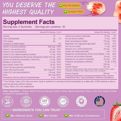 Sugar Free Multivitamin Gummies for Women 14+ w/Iron, Inositol, Folate, Biotin, Womens Daily Multivitamin Gummy w/Vitamin A, D, C, B, Support Hair, Skin, Energy, Immune, Strawberry Flavor